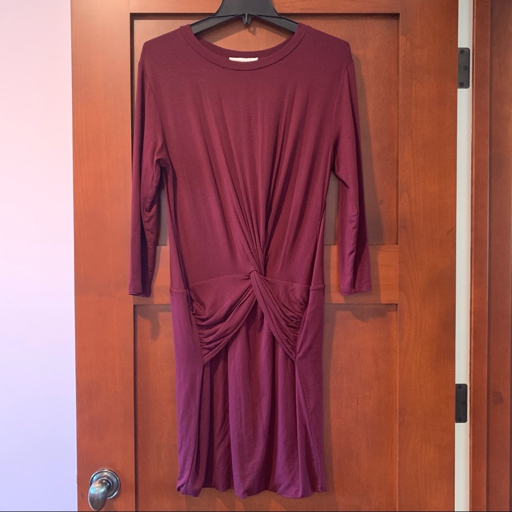 Amour Vert Modal Twist Knot Tie Long Sleeve Jersey Maroon Dress